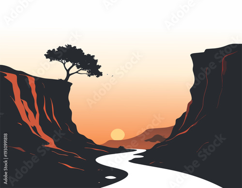 Sunset Landscape Over Mountains and Desert with Orange Sky and Silhouettes