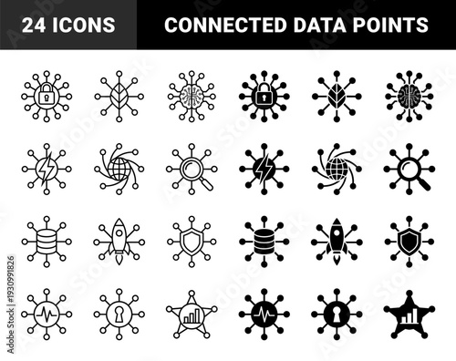 Hybrid network symbols merging central core metaphors with radial connectivity nodes in outline and solid versions for data systems and logic