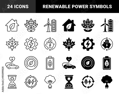 Sustainable energy hybrid icons featuring leaf infused batteries solar hourglass power car charging and wind turbine eco electricity symbols