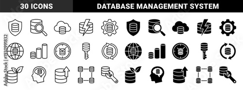 Hybrid database management symbols featuring integrated data storage cylinders with security shields magnifying glasses gears and organic green energy leaves