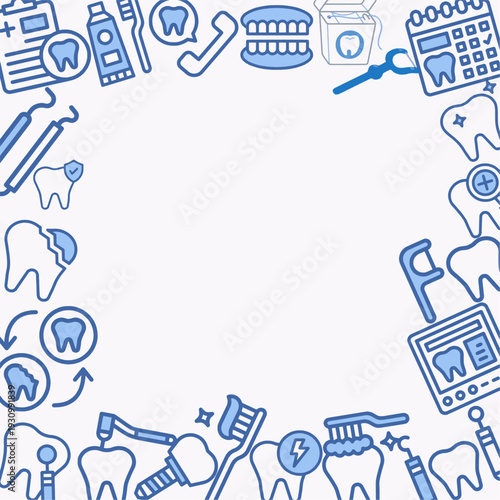 Dental frame with tools for cleaning and treatment of teeth. Healthy clean teeth, orthodontics, oral cavity care. Dentistry banner concept. Flat vector illustration of background, template poster, ads