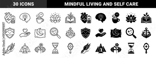 Conceptual hybrid icons merging wellness and productivity symbols including heart battery brain bulb coffee clock and mountain door in line and solid styles