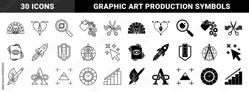 Naklejka premium Abstract hybrid creative design and art production symbols featuring conceptual mergers of drawing tools with measurement and growth elements in linear and solid styles