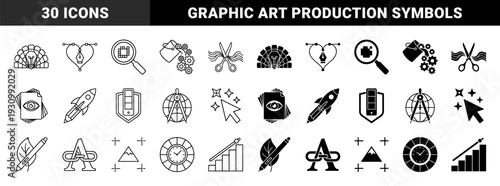 Abstract hybrid creative design and art production symbols featuring conceptual mergers of drawing tools with measurement and growth elements in linear and solid styles