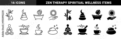 Wellness and Mindfulness Hybrid Symbols Featuring Zen Stone Moonlight Sun Palm Meditation Pose Herbal Tea and Spa Bathtub Concept Graphics