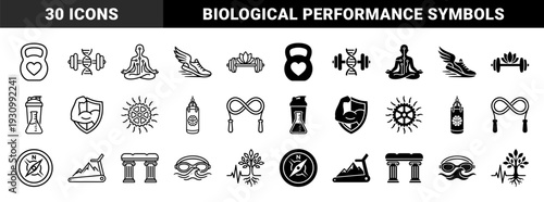 Hybrid fitness and wellness icons combining biohacking elements with strength training and recovery symbols in outline and solid styles