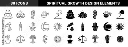 Mindfulness and Holistic Wellness Hybrid Symbol Collection featuring Zen Stone Hearts Lotus Bulbs Incense Clocks and DNA Tree Concepts