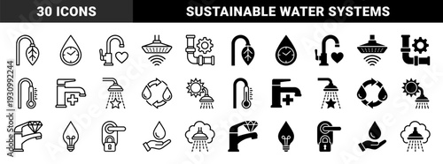 Ecological Water Management and Plumbing Efficiency Symbols Combining Faucets with Nature Leaves Clock Timers Hearts and Sustainable Energy Elements