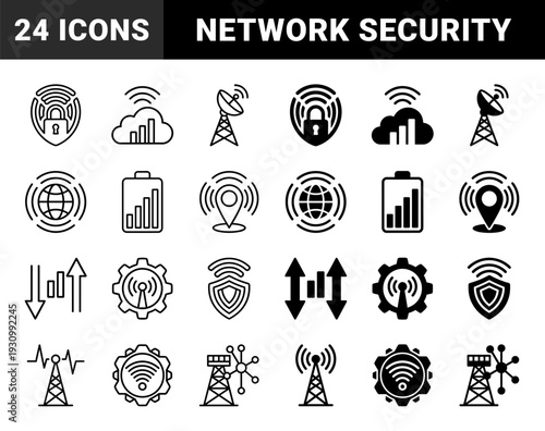 Data connectivity and network security symbols merging wireless signal bars with protective shields cloud storage globes and hardware gear elements