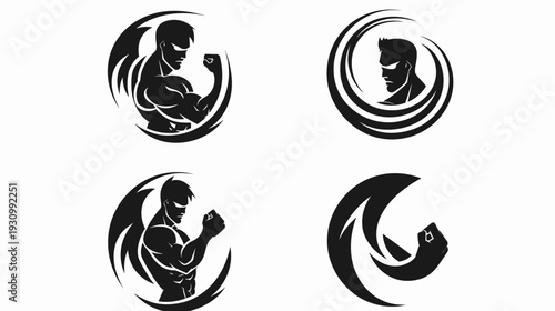 Collection of stylized human silhouettes flexing in a circular design element, black and white