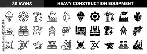 Industrial engineering and construction symbols merging heavy machinery with conceptual metaphors like hearts lightbulbs and shields in outline and solid styles