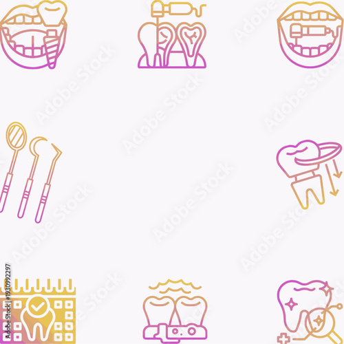 Glowing neon Stylized molar tooth illustration frame with pink and yellow gradient outline for dental care and oral health. Dental anatomy illustration for education, dentistry, or medical design