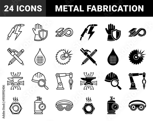 Industrial fabrication and heavy metalwork hybrid icons featuring welding torches with lightning bolts gear goggles and robotic manufacturing arms