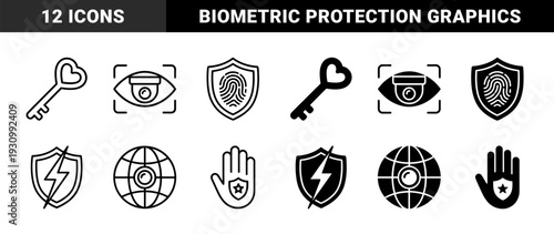 Hybrid security symbols featuring heart key protection and biometric shield designs in both outline and solid glyph styles for identity authentication