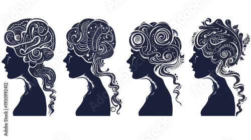 Four stylized silhouettes of women, facing left, with detailed and textured hair designs
