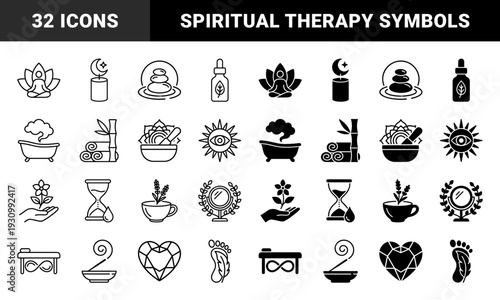Wellness and Holistic Therapy Symbols Featuring Hybrid Concepts Like Zen Lotus Meditation Infinity Massage Table and Herbal Tea Infusion