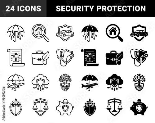 Abstract Insurance and Protection Symbols Merging Security Shields with Automotive Travel Healthcare and Financial Growth Concepts in Dual Linear and Solid Styles