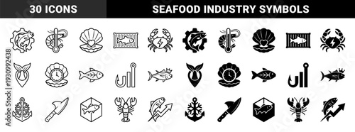 Seafood industry and marine logistics icons featuring conceptual hybrid symbols like fish in gears and anchors merged with snowflakes in outline and solid styles