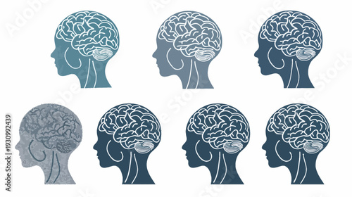 Several silhouettes of heads with brains visualized, shades of blue, in a graphic design