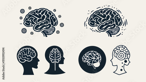 Collection of stylised brain illustrations, featuring silhouettes and circular patterns