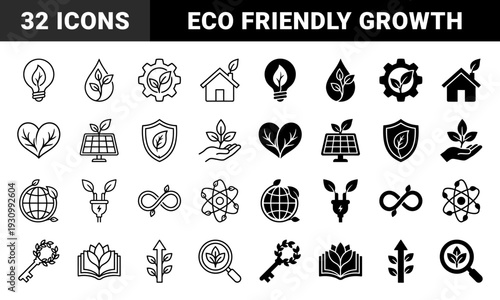 Sustainable energy and eco friendly growth icons merging organic leaf motifs with industrial gear power plug lightbulb and renewable solar panel symbols