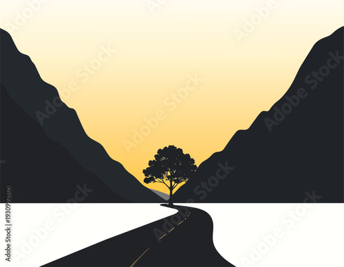 Beautiful orange sunset over misty mountain hills with dark silhouettes under a glowing sky