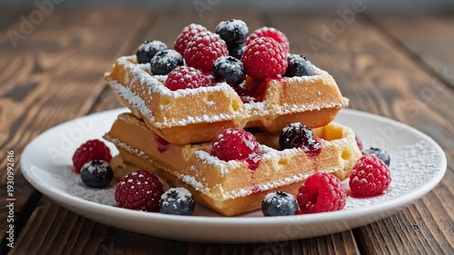 Wallpaper Mural Waffles stacked with fresh berries and powdered sugar on wood table Torontodigital.ca
