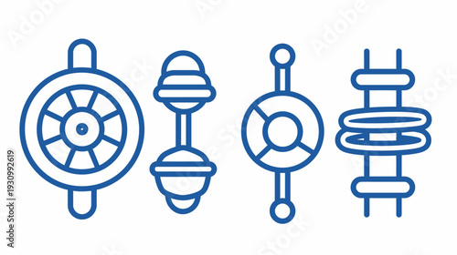 Four geometric, blue line-art designs with distinct shapes wheel, top, lifebuoy, and coil structures
