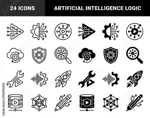 Hybrid digital media and artificial intelligence icons featuring circuit integrated play buttons data servers cloud storage and creative technology tools