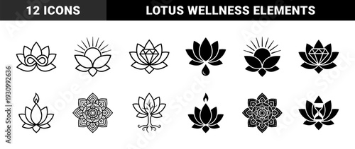 Symmetry lotus flower hybrid symbols merging organic floral shapes with infinity diamond sun candle mandala tree hourglass and prayer hands