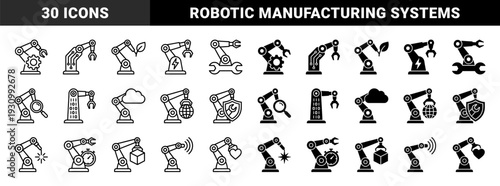 Robotic arm manufacturing icons featuring hybrid industrial automation symbols with mechanical gears circuitry and green energy integration in outline and solid styles