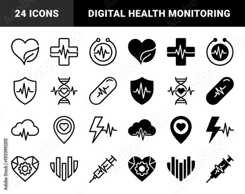 Biomedical health monitoring symbols merging medical cross and heart shapes with pulse waves and digital dna strands for wellness and fitness tracking