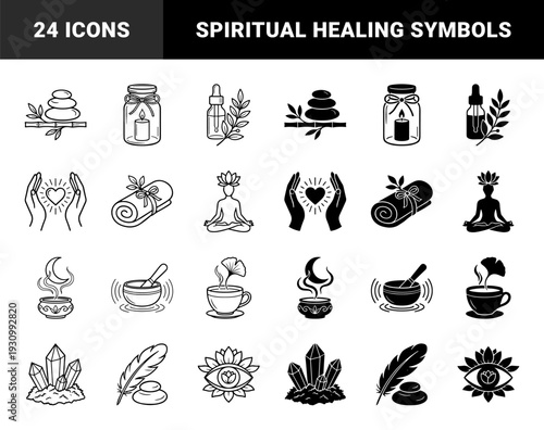 Spiritual wellness and holistic therapy symbols featuring zen stone balance candle jars lotus flower yoga meditation and crystal energy healing