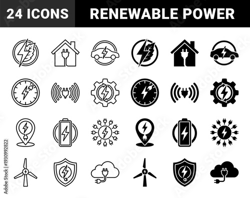 Sustainable energy hybrid symbols featuring electrical plugs integrated with natural leaves houses electric vehicles wind turbines and weather elements