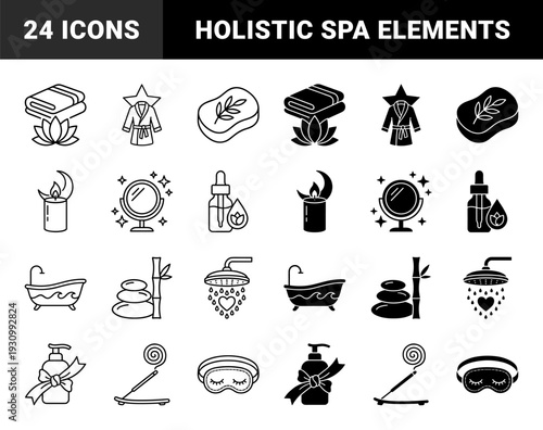 Wellness and self care hybrid line and solid icons merging spa elements like lotus towels moon candles bamboo stones and herbal tea
