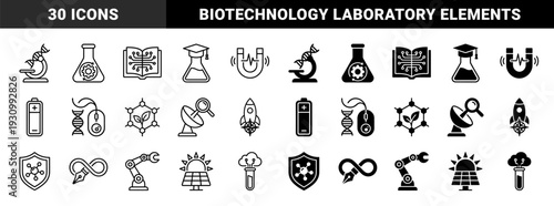 Scientific Research and Biotechnology Hybrid Symbols Featuring Microscope DNA Laboratory Flask Gear and Renewable Energy Solar Cell Conceptual Design