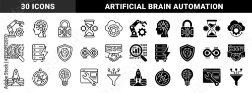 Hybrid Artificial Intelligence and Digital Transformation Icons Merging Data Analytics with Robotic Automation and Cyber Security Symbols