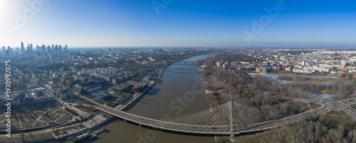 Aerial panorama of Warsaw and Vistula River with Swietokrzyski Bridge