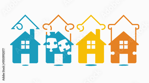 Colorful houses in different shades, with puzzle pieces in one, representing connection and completeness