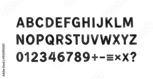 Hand drawn bold chalk alphabet and numbers set on white background