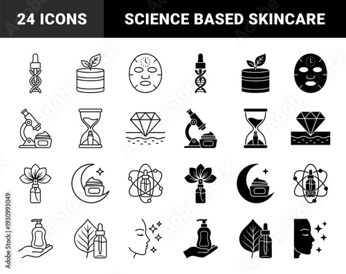 Skincare product icons featuring hybrid symbols merging laboratory science with organic botanical ingredients for medical cosmetics and beauty treatment branding