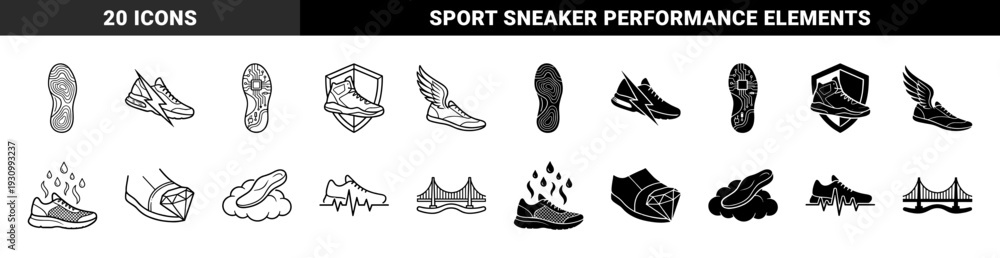 Fototapeta premium Athletic footwear technology symbols featuring hybrid shoe designs with lightning bolts wings diamonds clouds and circuit board sole patterns