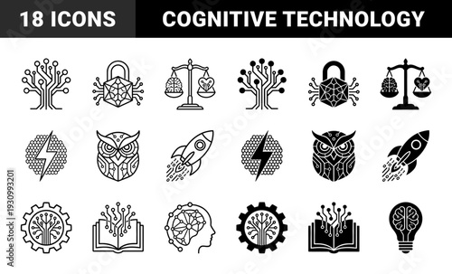 Hybrid technology and intellectual property icons merging organic symbols with digital circuitry and mechanical components for advanced artificial intelligence branding