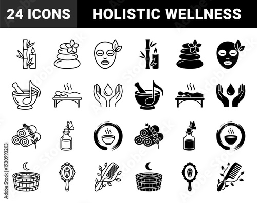 Wellness and Holistic Spa Therapy Line and Silhouette Symbols Featuring Zen Bamboo Melodic Mortar Healing Crystals and Moonlit Bathing Rituals