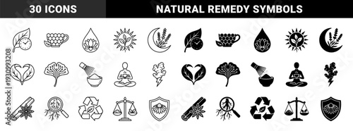 Collection of holistic wellness and herbal medicine symbols featuring hybrid botanical designs like leaf clocks ginkgo circuits and medicinal roots