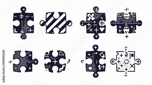Eight stylized puzzle pieces with various patterns and symbols, black on white background