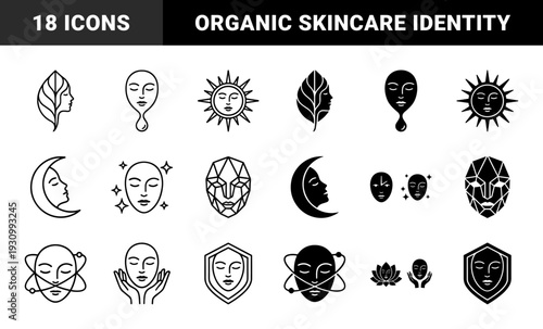 Abstract skincare and beauty wellness symbols merging human face profiles with organic leaf sun moon and dna strand elements for holistic identity