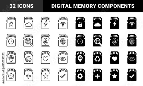 Memory card hybrid symbol collection featuring integrated functional metaphors like security locks cloud storage connectivity and multimedia status indicators