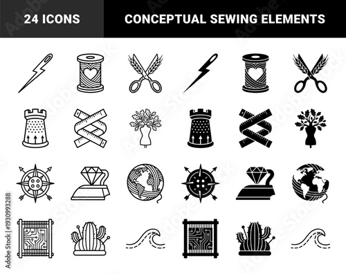 Symmetry and metaphor hybrid icons merging sewing and tailoring elements with nature and combat symbols in dual outline and solid styles