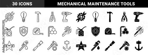 Industrial Tool Hybrid Concept Collection Featuring Integrated Symbols Like Screwdriver Lightbulb Pliers Bolt Shield And Caliper Microchip